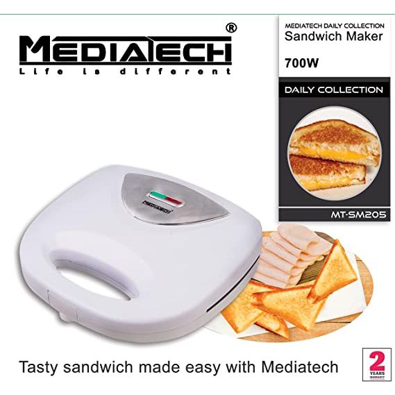 MediaTech Sandwich Maker, 700 Watt, White - MT-SM205